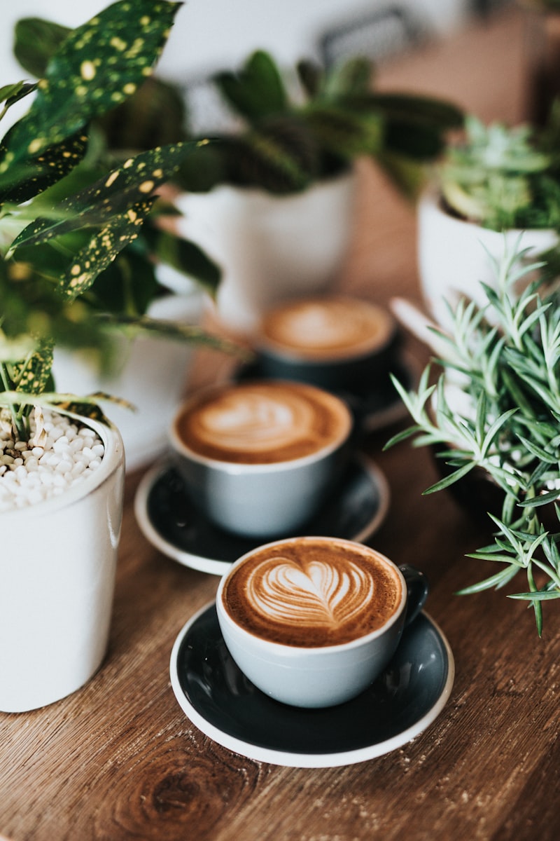 Two cappuccinos with latte art surrounded by plants